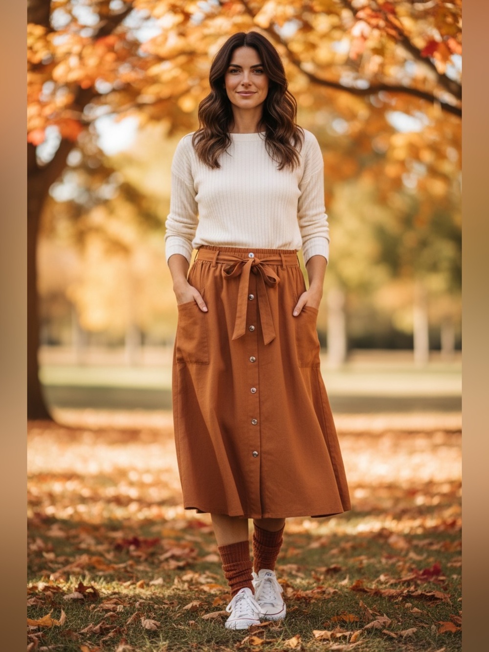 BloomChic Rust Button-Front Midi Skirt with Belted Waist